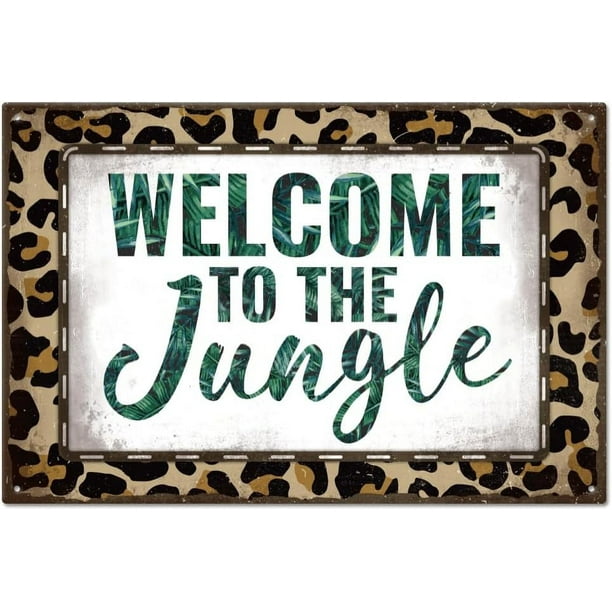 Letrero de hojalata vintage de jungla de 20 x 30 cm con la frase "Bienvenido a la jungla". Letreros de hojalata retro para jardín, cuevas, decoración de pared.