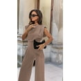 thumbnail image 4 of Women'S Round Neck Pleated Sleeveless Casual Suit,Sleeveless Crewneck Vest Wide Leg Pantsuit Business Sets with Pocket Khaki M, 4 of 8