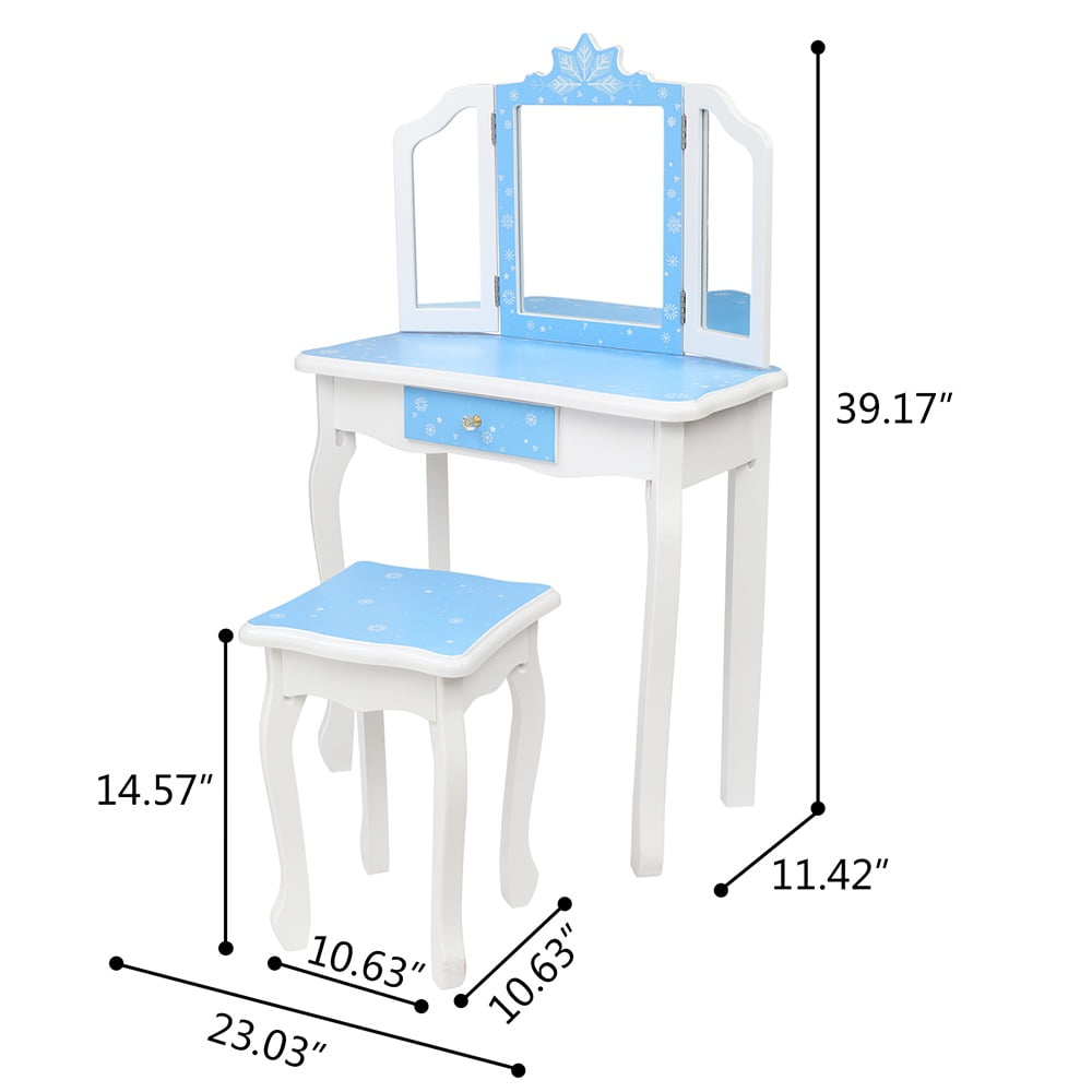 Paproos Kids Vanity with Mirrors and Stool, Pretend Play Kids Vanity Set with Tri-folding Mirror, Drawer, Wood Princess Makeup Vanity Desk, Toddler Vanity Dressing Table for Little Girls 3+, Blue