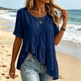thumbnail image 4 of SZJXBUY Hauts d'Été pour Femmes en Lin, Blouse Habillée Décontractée à Manches Courtes, Ourlet Volanté Plissé, Hauts Coupe Ample à Col Rond, T-Shirts Asymétriques Bleu Marine, TG, 4 of 6
