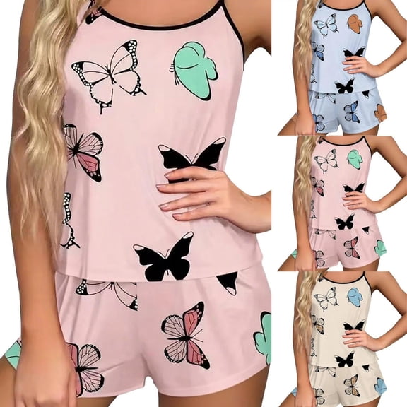 CozeLy Summer Pajamas for Women Butterfly Print Cami Shorts Set Soft Relaxed Cooling Sleepwear Loungewear Vacation Holiday