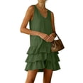 thumbnail image 5 of Women's Summer Dresses V Neck Sleeveless Linen Mini Dress with Tiered Ruffle Hem Going Out Party Outwear Dress Olive Green 2XL, 5 of 7