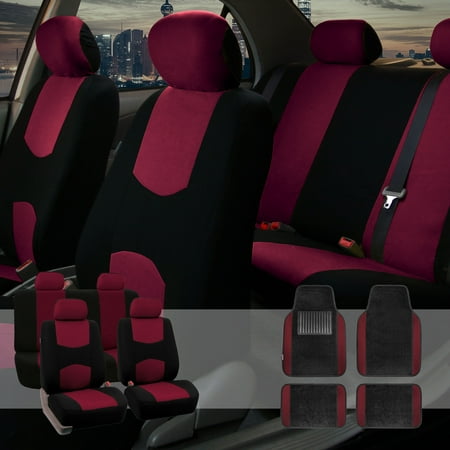 Car Seat Covers Set 4 Headrests Black Burgundy With Carpet Floor