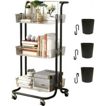 3-tier rolling cart with metal handles, tabletop, cup holder, hooks, plastic storage basket and lockable wheels