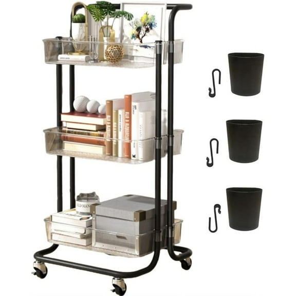 3 Tier Rolling Cart with Metal Handle, Hanging Cups, Hooks, Plastic Storage Baskets & Wheels Lockable, Utility Craft Cart for Bathroom Classroom Office Kitchen Pantry Organizers and Storage, Clear