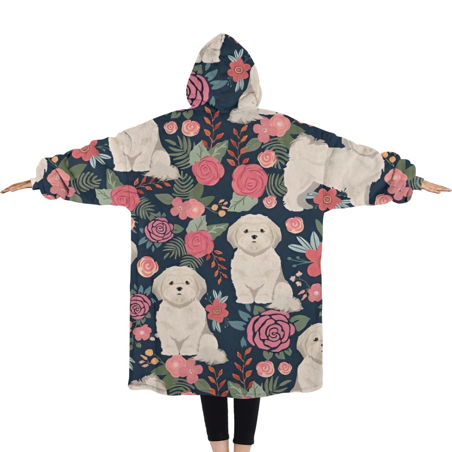 Oversized Wearable Blanket Hoodie,Shih Tzu Dog and Flower Floral Sherpa Blanket Hoodie with Super Pockets,Super Warm Fuzzy Pullover for Women & Men