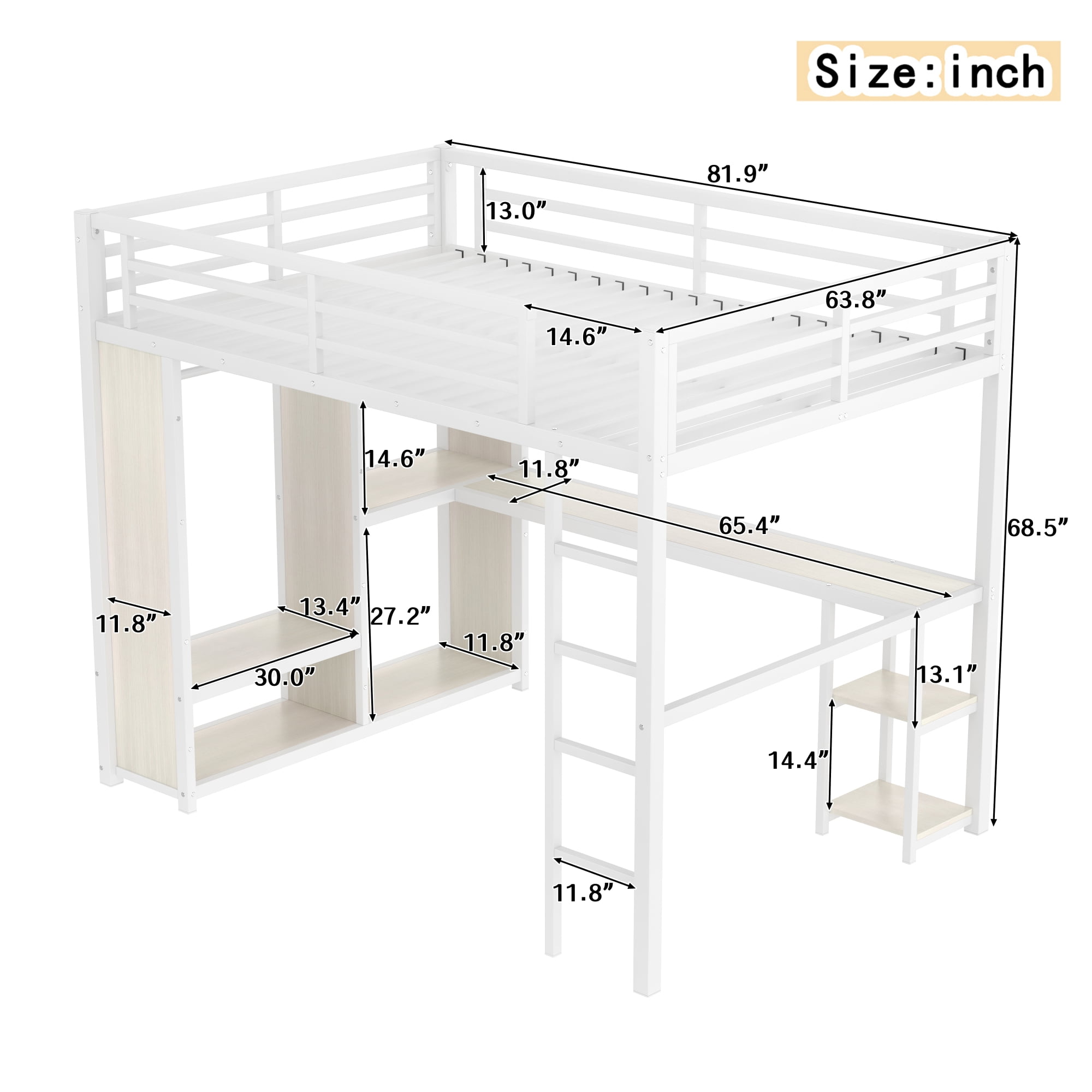 Leumius Full Size Metal Loft Bed with Built-in Wardrobe,Heavy Duty Loft Bed Frame with Desk and Storage Shelves,Space-Saving,White