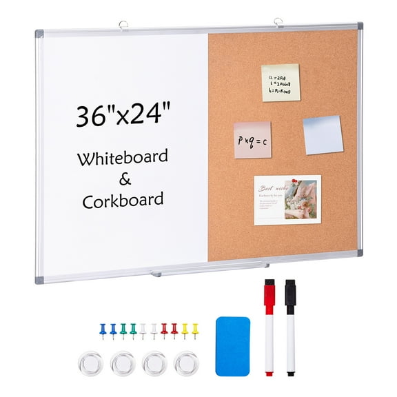 KFFKFF 36"x 24" Dual Cork Board with Aluminum Border, White Board with Magnetic Wipe Clean, Cork Bulletin Board for Wall Installation – Perfect for Educational Institutions, Residences, Workplaces