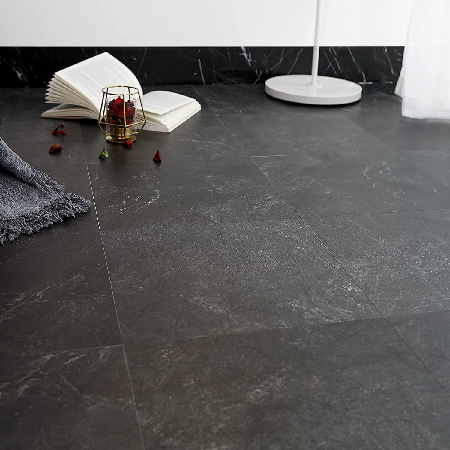 12' x 12' Peel and Stick Floor Tile Black Marble Vinyl Flooring Vinyl Tile 10 Pieces/Pack