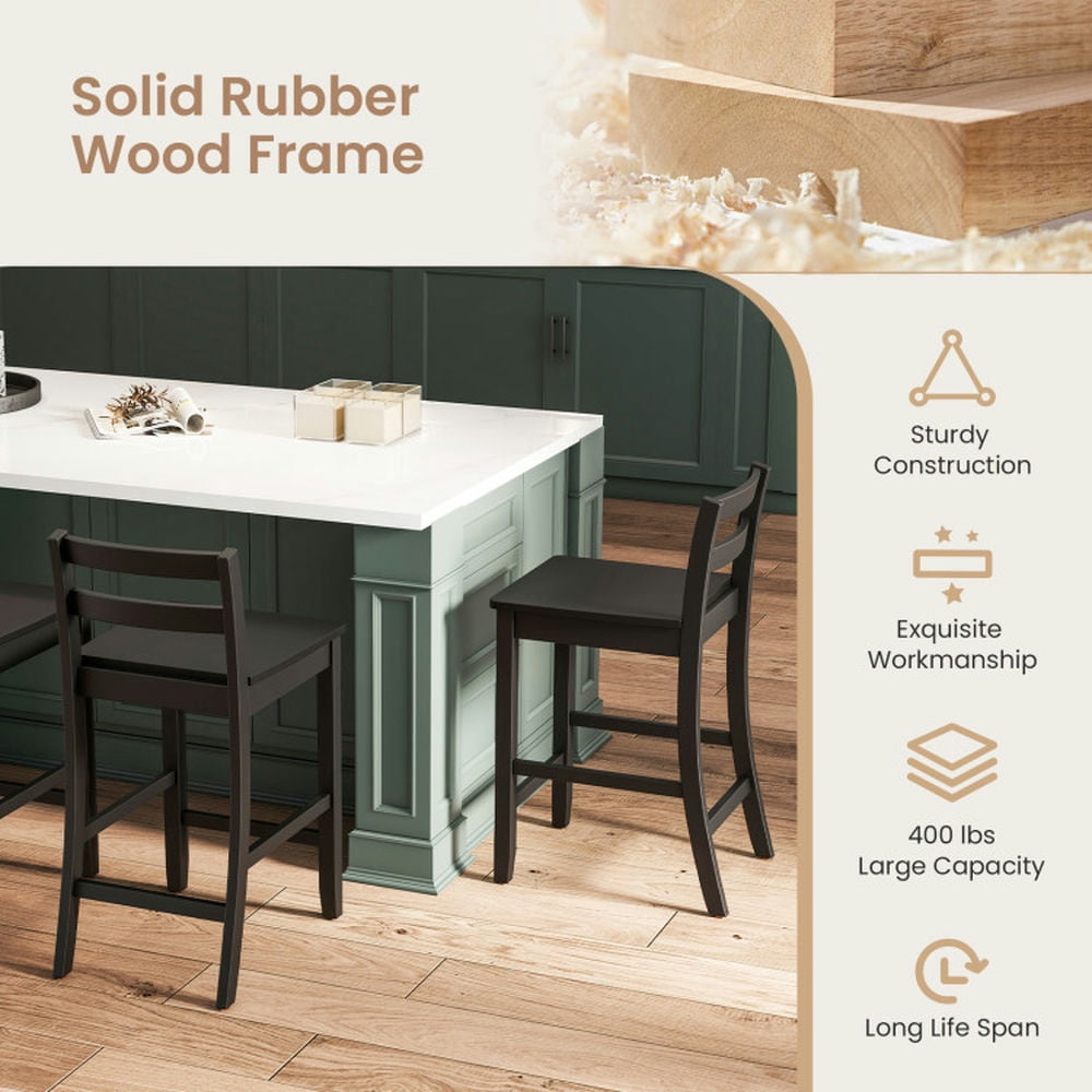 Demi Bonn Set of 2 Wooden Bar Stools with Ergonomic Backrest and Footrest, Modern Kitchen Dining Chair, Black