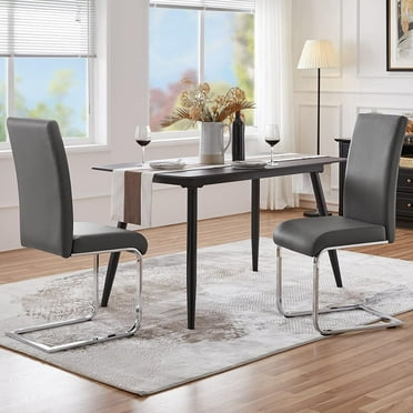 Dining Chairs Leather Upholstered Dining Side Chairs High Back Dining Room Chairs Metal Home Kitchen Furniture Modern 2PCS, Gray