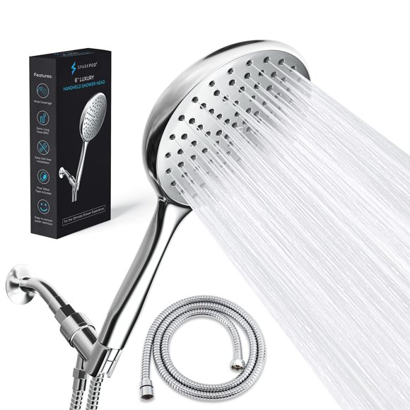 SparkPod High Pressure Handheld Shower Head with Hose - Huge 6-Inch Rainfall Shower Head, Extra Long 6ft. Hose & Adjustable Bracket- Luxury Showerheads- 1-Min Installation (Luxury Polished Chrome)