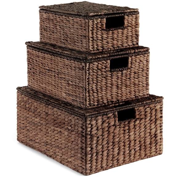 Best Choice Products Set of 3 X-Large, Large, & Medium Woven Storage Baskets W/Lids, Hyacinth Organizer Bins - Brown