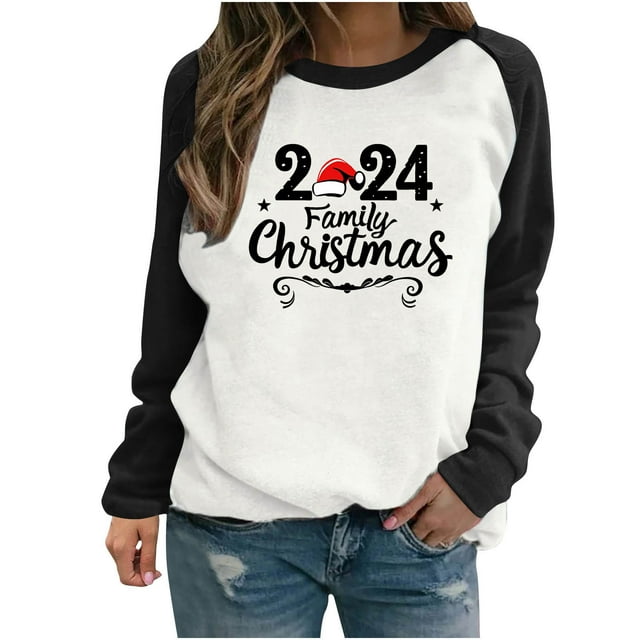 lcziwo Offres Spéciales Chandails de Noël pour Femmes Hauts Graphiques Chandail Imprimé Lettre de Noël 2024 Col Rond Bloc de Couleur Raglan Chandail Noir,TG