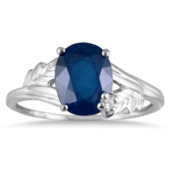 SZUL Women's 2 1/4 Carat Oval Sapphire and Diamond Leaf Ring in 10K White Gold