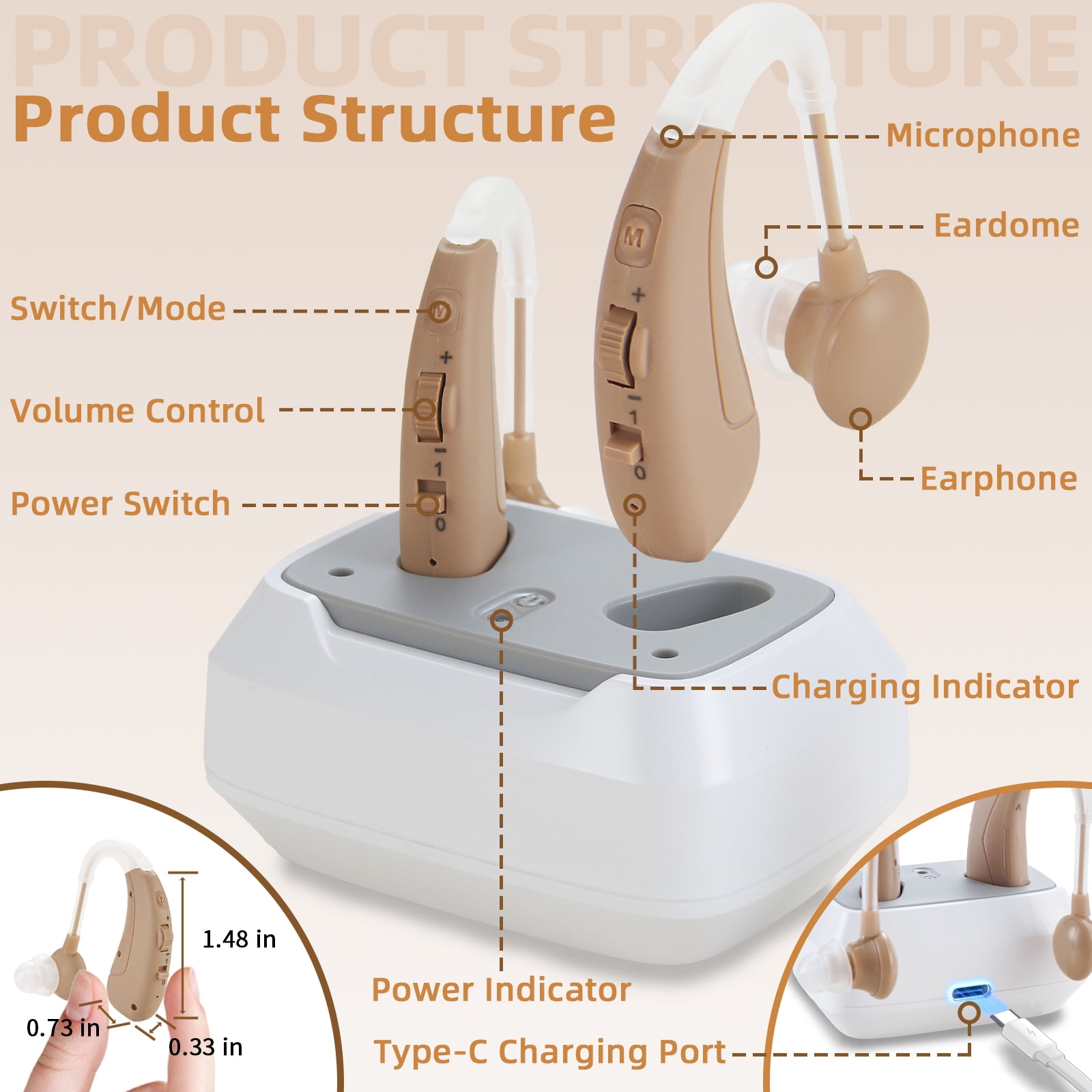 Delmicure Rechargeable Hearing Aids for Seniors, 4-Mode, Digital, Magnetic Charging, VHP-1011, Slide Control, Beige