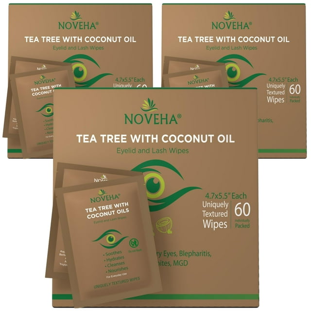 NOVEHA Tea Tree & Coconut Oil Eyelid & Lash Wipes | For Demodex, Blepharitis & Itchy Eyes - Effective Eyelash Wipes With Aloe Vera, Natural Makeup Re