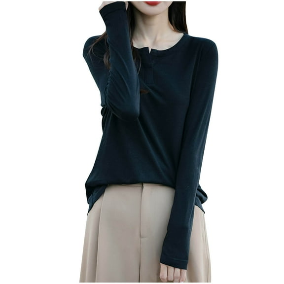 TFEOQRY Women's Split Neckline Top Long Sleeve Solid Color Sweater Casual Loose Soft Stretch Daily Wear Shirt Black