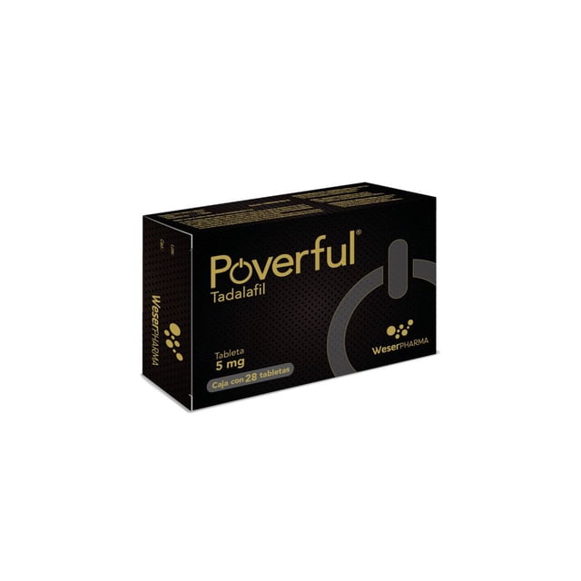 poverful 5 mg caja con 28 tabletas negro no aplica caja farmacéutica negra frontal con texto Poverful Tadalafil, indicación Tableta 5 mg y Caja con 28 tabletas, logotipo WeserPHARMA sobre fondo blanco; medicamento disponible en farmacia.
