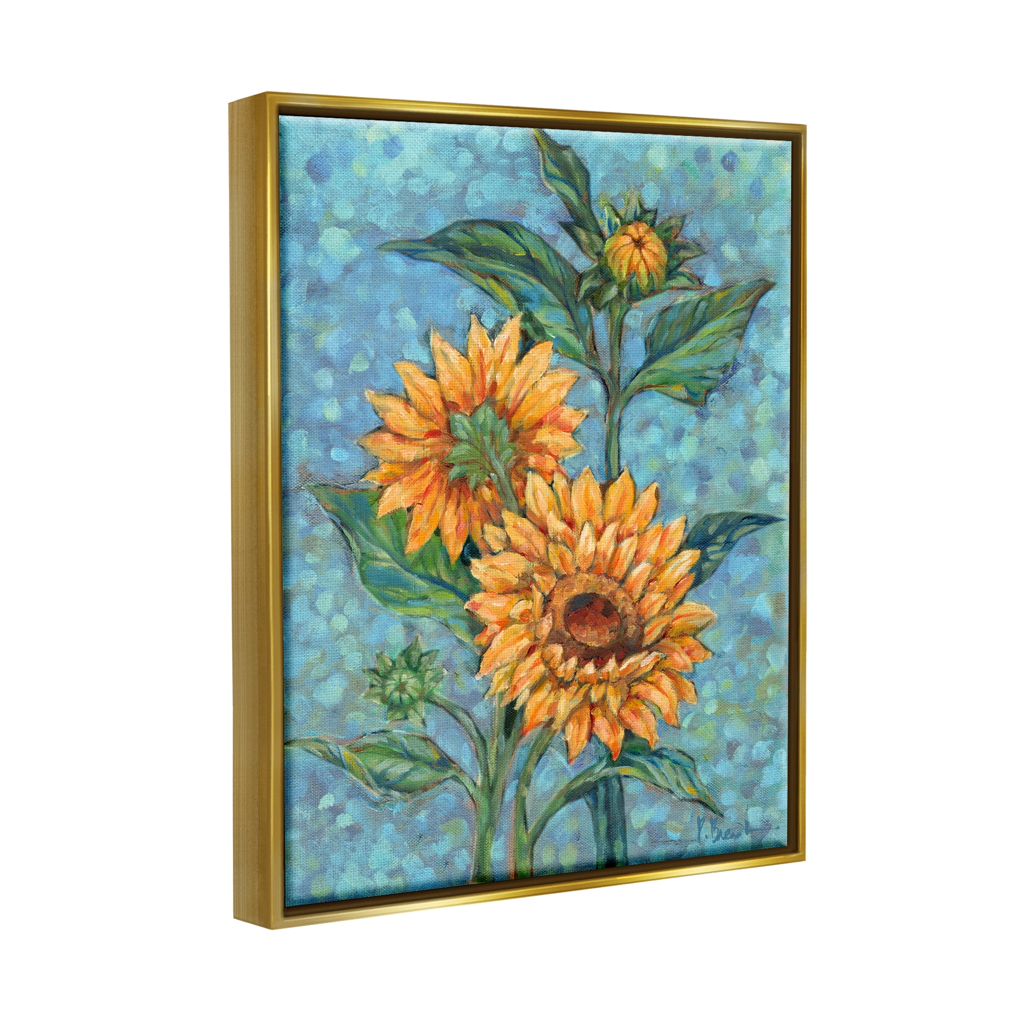 Stupell Industries Budding Sunflowers on Blue Botanical & Floral Painting Gold Floater Framed Canvas Art Print Wall Art, 25 x 31