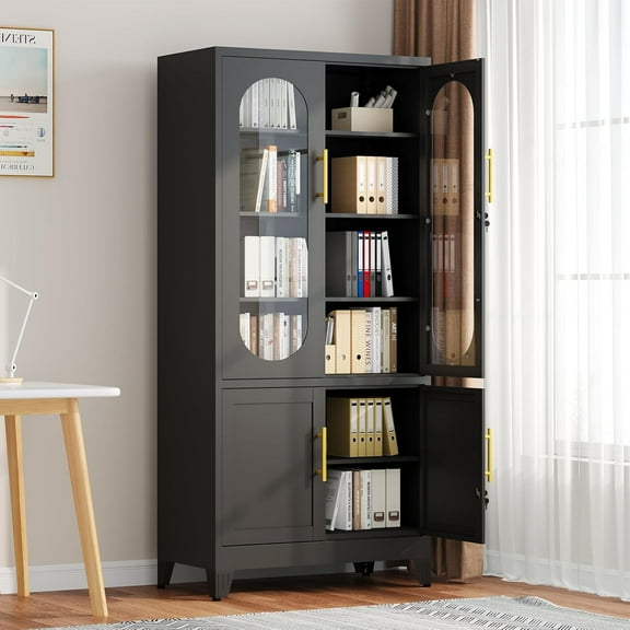 Metal Storage Cabinet, 71" Tall Locking Cabinet with Glass Doors and Adjustable Shelves, Black Storage Cabinets for Home Office, Dining Room, Living Room, Garage (Black,71")
