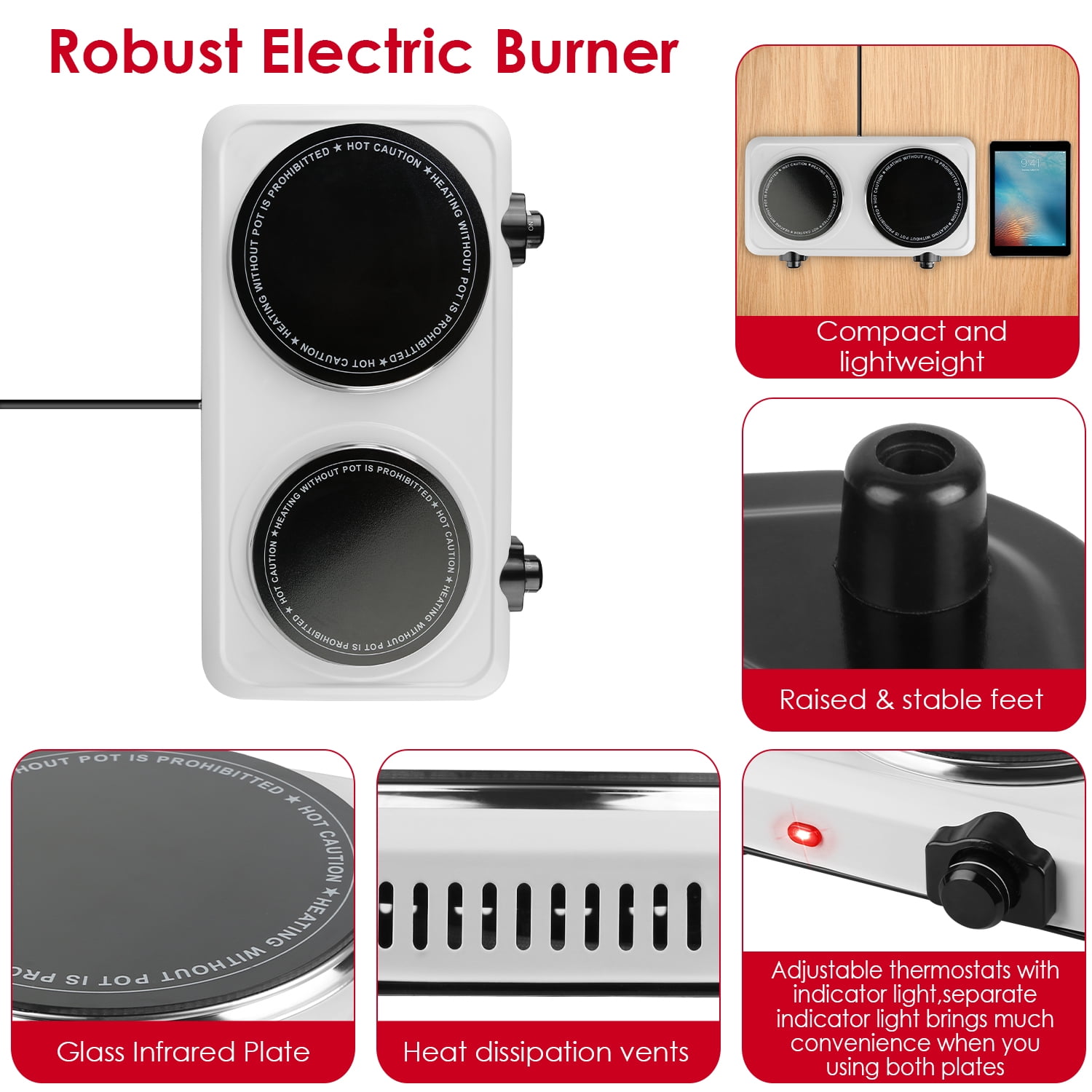 Imountek 1800W Dual Hot Plate Electric Burner with 7.5” & 6.3” Glass Cooktop Stepless, Infrared Countertop Burner, White