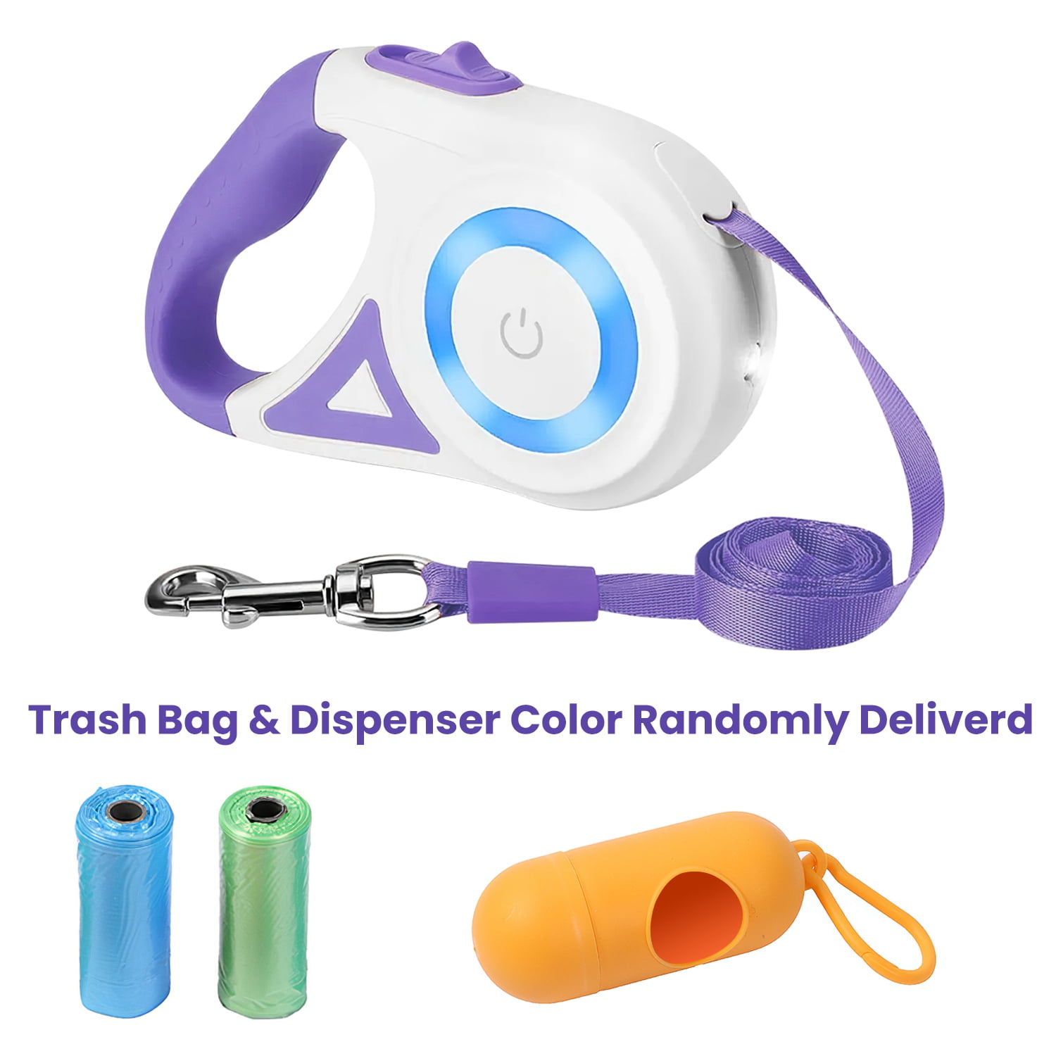 16FT Retractable Dog Leash TeqHome Dog Walking Leash with Dispenser Poop Bags LED Light Fit for 66-110lbs Non-slip Ergonomic Handle Lockable Purple