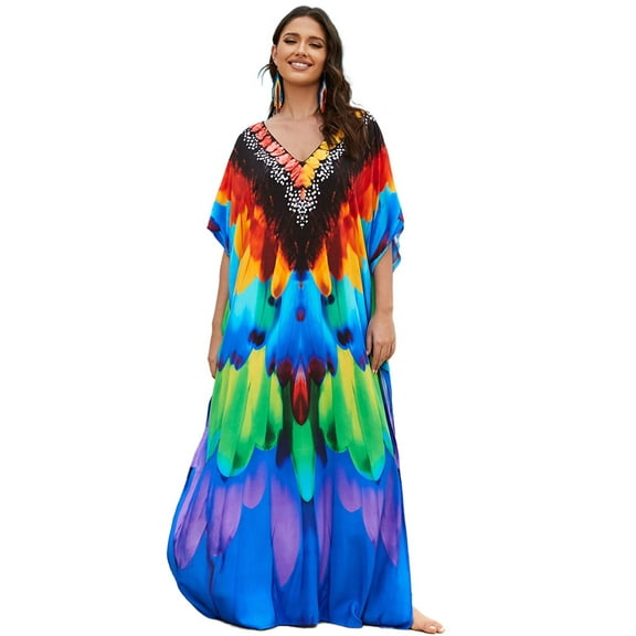 Edolynsa Women Colorful Geometric Swimsuit Cover Up Loose Kaftan Dress Long Maxi Caftan Gown Beach Party Casual Dresses