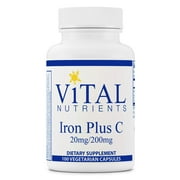 Vital Nutrients - Iron Plus C - Supports Healthy Cognition and Energy Levels for Women and Men - 100 Vegetarian Capsules per Bottle - 20 mg / 200 mg