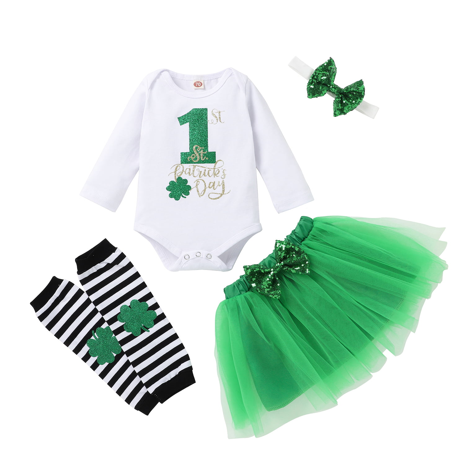 Longra St Patricks Day Green Clothing for Baby Boy Girl,Newborn Infant Baby Girls St.Patricks Day Tutu Romper Dress Hairband Shoes