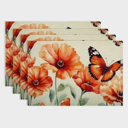 

PRATYUS Red Flowers Butterfly Linen Cloth Placemats for Dining Tables - Set of 4 Hard Paper Table Mats for Kitchen Restaurants Hotels - Heat Resistant & Easy to Clean 18x12in