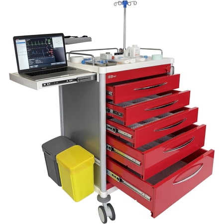 Metateel All-Aluminum Medical Rolling Crash Cart, Mobile Trolley Nursing Cart with 5 Tiers Drawers, Silent Casters, Adjustable IV Pole, CPR Board, Trash Bin, O2 Holder, for Clinic, Hospital, Lab