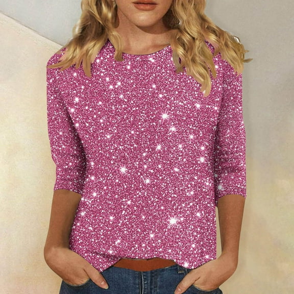 Cavosen Dressy Tops for Women 3/4 Sleeves Glitter Sparkly Print Pullover Blouse Round Neck Shiny Shirts Solid Color Party Tees Fashion Casual Elegant Evening T-Shirts 2XL
