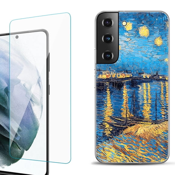 Slim-Fit Fashion Gel Phone Case for Samsung Galaxy S22  5G / S22 Plus 5G, with Tempered Glass Screen Protector, by OneToughShield ® - Starry Night Rhone
