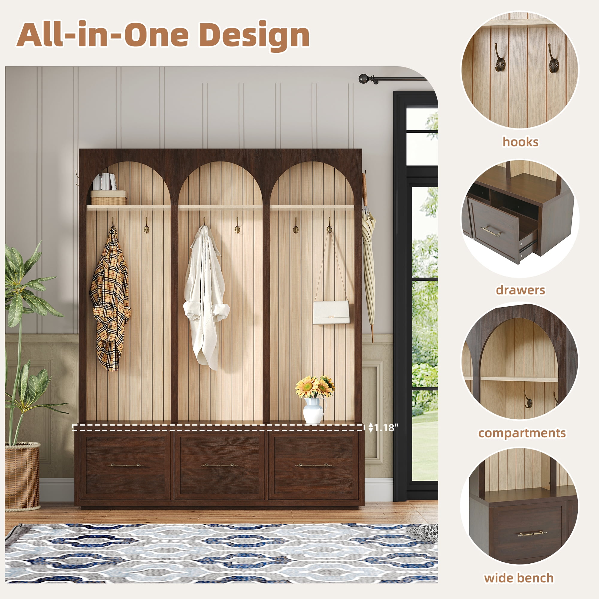 T-Foyer Farmhouse Dark Walnut Hall Tree with 8 Hooks & Arched Design, Wooden Rustic Entryway Organizer with Open Storage & 3 Drawers