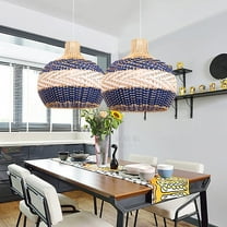 Arturesthome Hand-Woven Rattan Chandelier, Rattan Pendant Light Fixtures Ceiling, Wicker Hanging Lamp for Dining Room Bedroom Kitchen Island Blue