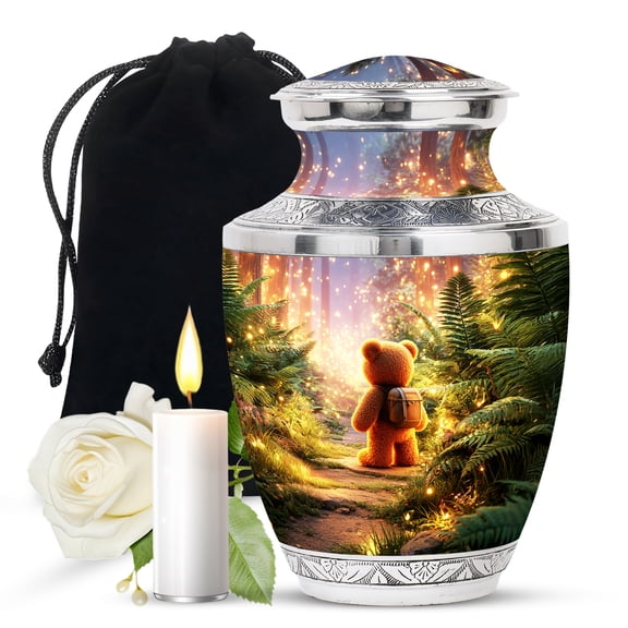 JAGASY Teddy Bear Large Urn for Ashes Adult Male - Blue Urns for Human Ashes Women - Fireflies Forest Trees Decorative Urns for Grandpa - Memorial Cremation Urn for Grandma - (10 Inch)
