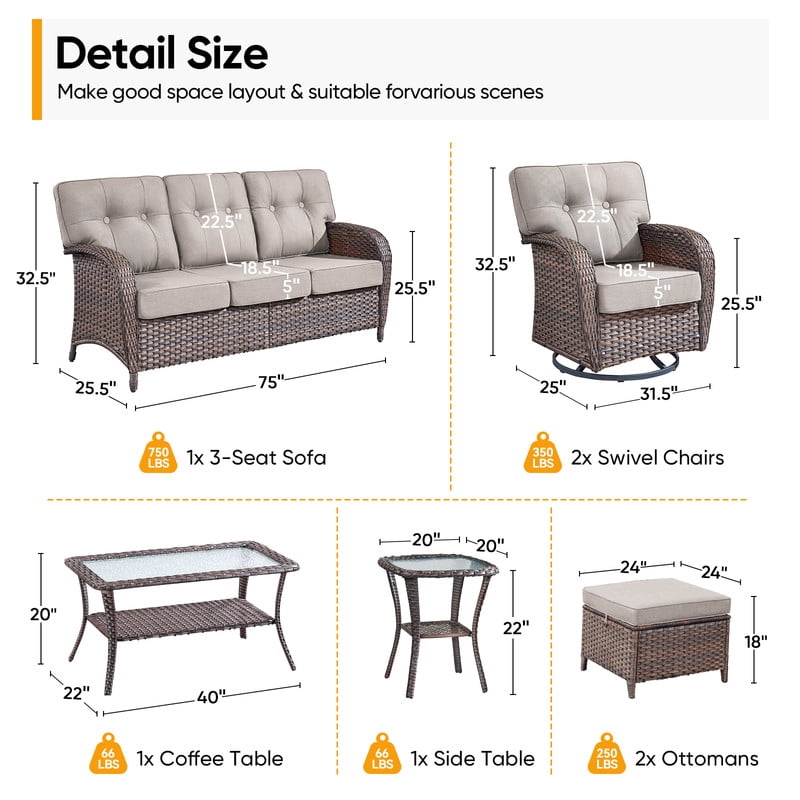 PARKWELL 7 Pieces Patio Furniture Set with Swivel Chairs, 7-Seat Wicker Conversation Set with Rattan Rocking Chair, Ottoman, Coffee Table and 5" Thick Cushion for Porch Deck, Brown/Beige