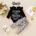 thumbnail image 3 of Infant Baby Girls Clothes Baby Girls Outfits 6-12 Months Baby Girls Long Sleeve Letter Print Romper Top Leopard Pants Headband 3PCS Set Black, 3 of 9