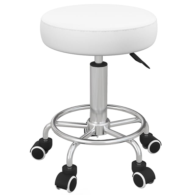 Tabouret de Salon Réglable - Chaise Roulante en Cuir PU Blanc pour Beauté, Barbier, Massage & Tatouage - 16,5 Pouces x 16,5 Pouces - Pivotante & à Roulettes