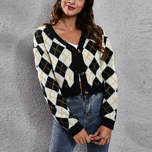 Cárdigan Cárdigans para mujer Abrigo Casual Rombo Enrejado Blusas Tejido Frente Abierto Suéter Corto Abrigo de Mujer