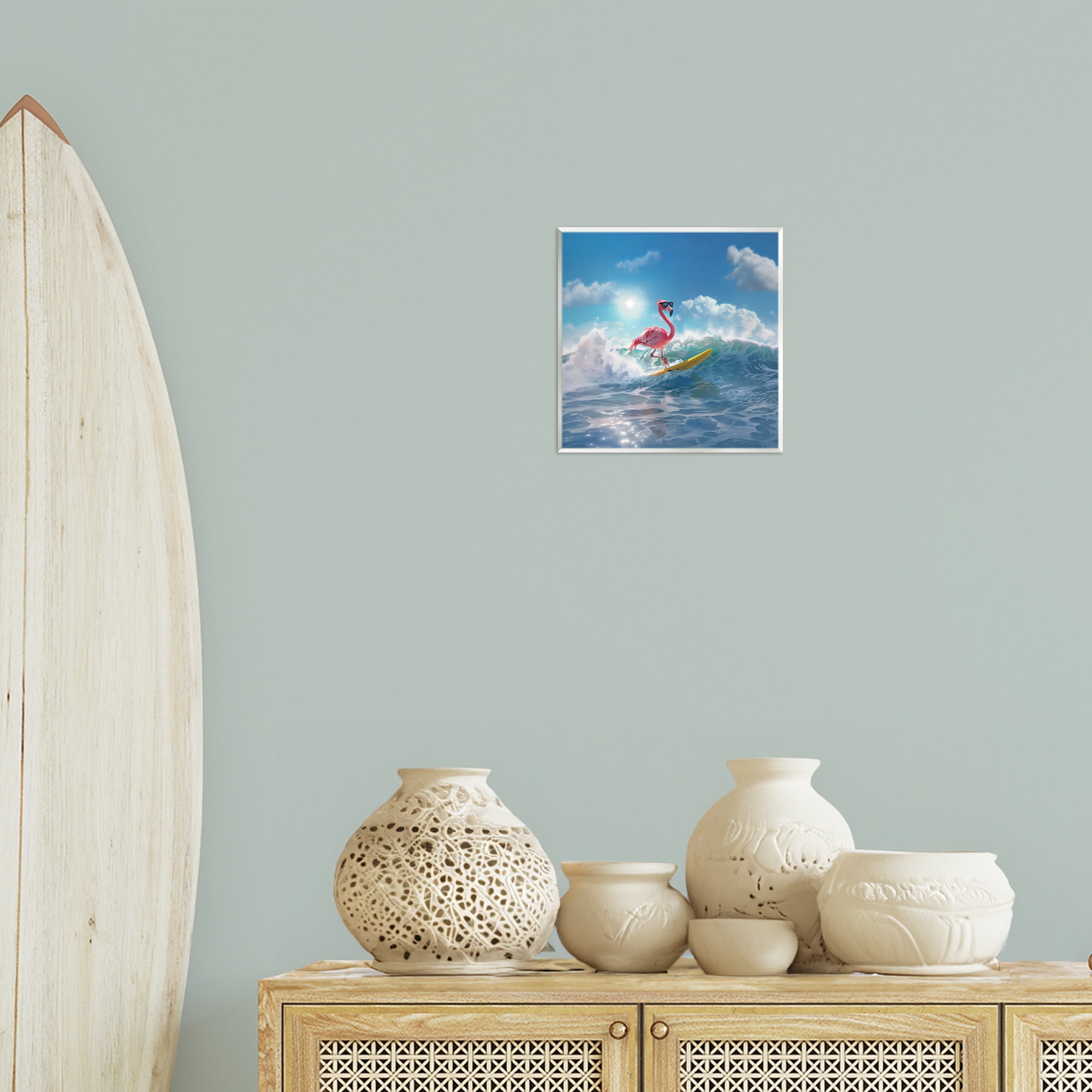 Stupell Industries Flamingo Surfing White Caps Nautical & Beach Painting Unframed Art Print Wall Art, 12 x 12