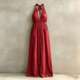 thumbnail image 7 of Womens Summer Halter Jumpsuits Plunge Sleeveless Beach Vacation Romper Elastic Waist Linen Jumper with Pockets Red, L, 7 of 7