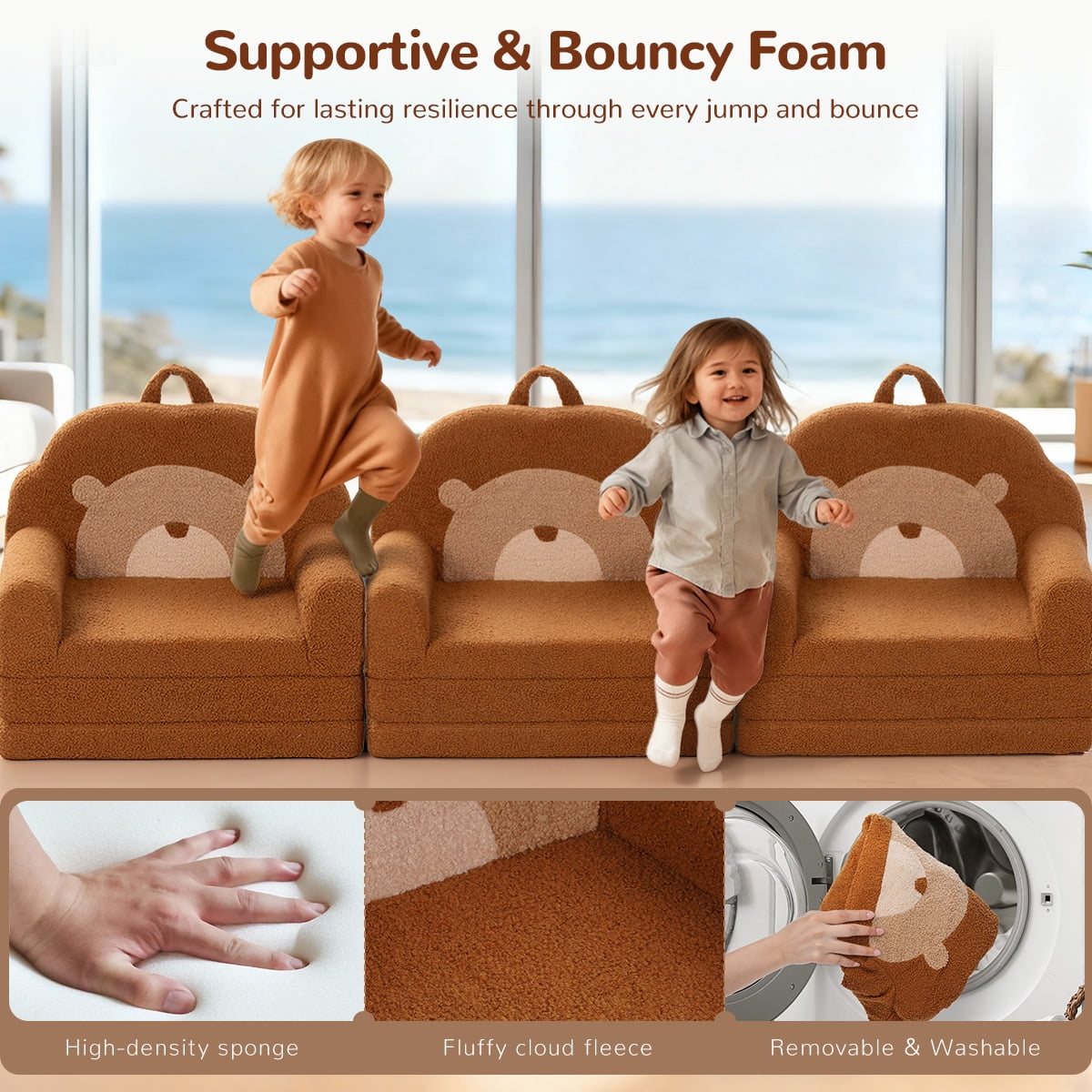 Toddler Sofa, 2 in 1 Kids Couch, Foldable Baby Couch Chair for Boys and Girls Gift, Bear