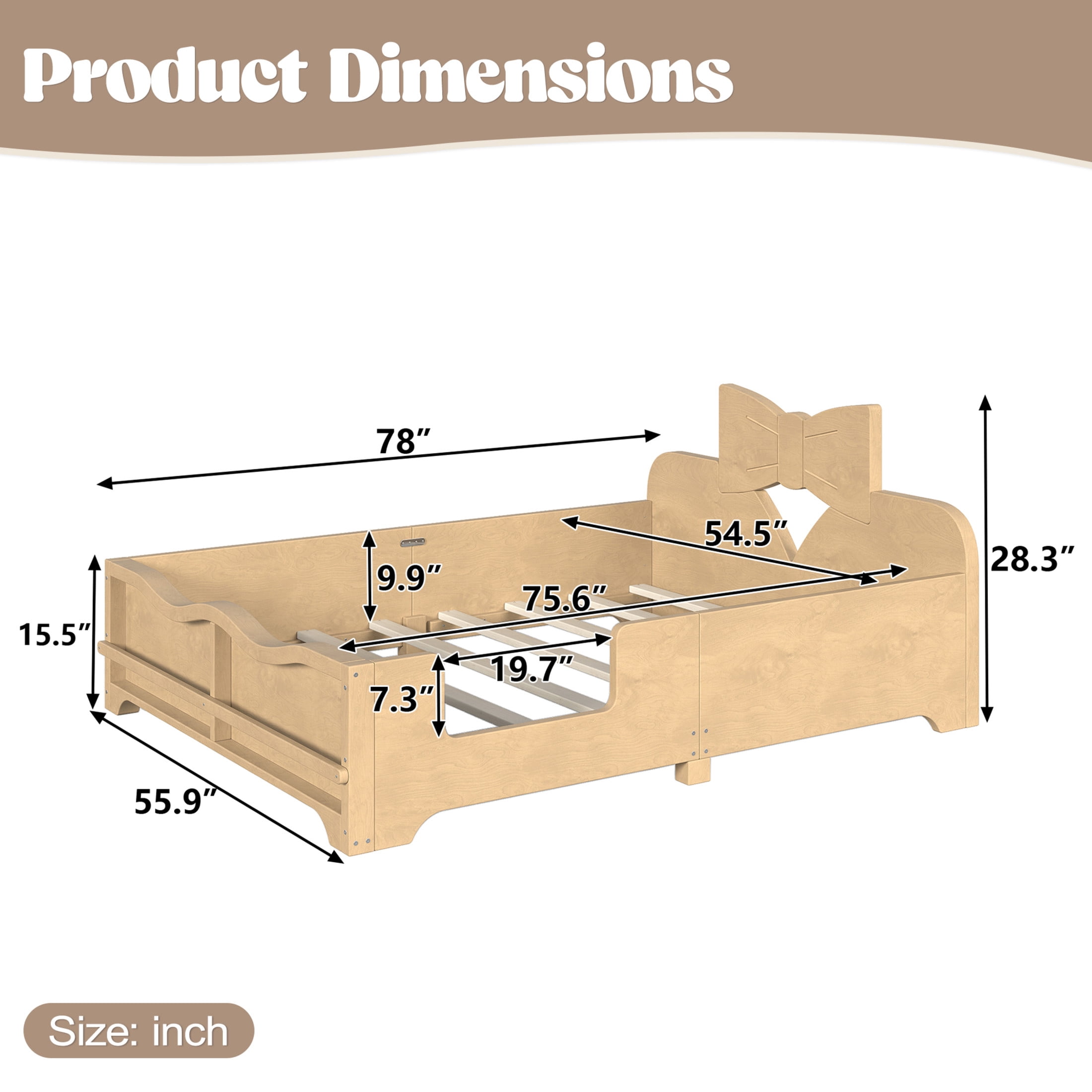 GDF Studio Full Size Kids Platform Bed with Bowknot Headboard, Guardrails & Bookshelf, Natural