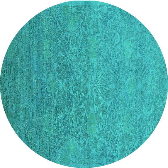 Ahgly Company Machine Washable Indoor Round Oriental Turquoise Blue Industrial Area Rugs, 6' Round