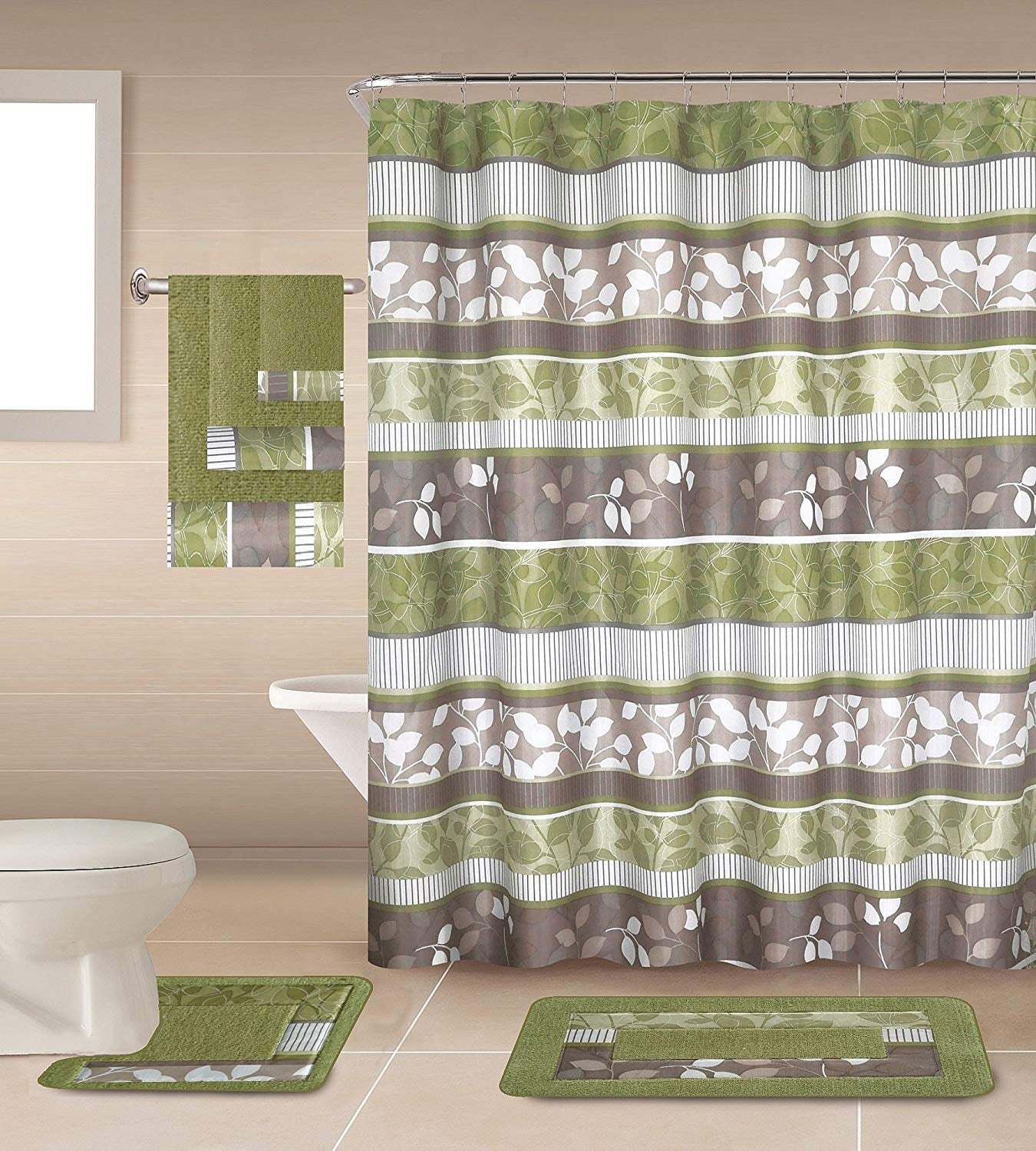 15Piece Premium Banded Shower Curtain Bath Set With Geometric,and Floral Designs 