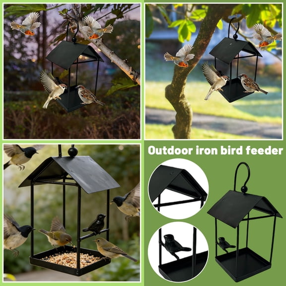 Platform Bird Feeder for Outdoors Hanging, Metal House-Shaped Seed Tray for Birds Feeding Outdoor Garden Decoration for Backyard Attracting Wildbirds, Squirrel-Resistant Tray, Multi-Bird Feeding