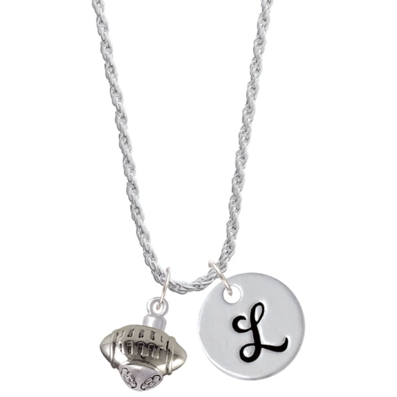 Delight Jewelry Silvertone Football Spinner Silvertone Script Initial Disc - L - Charm Necklace, 20"+3"
