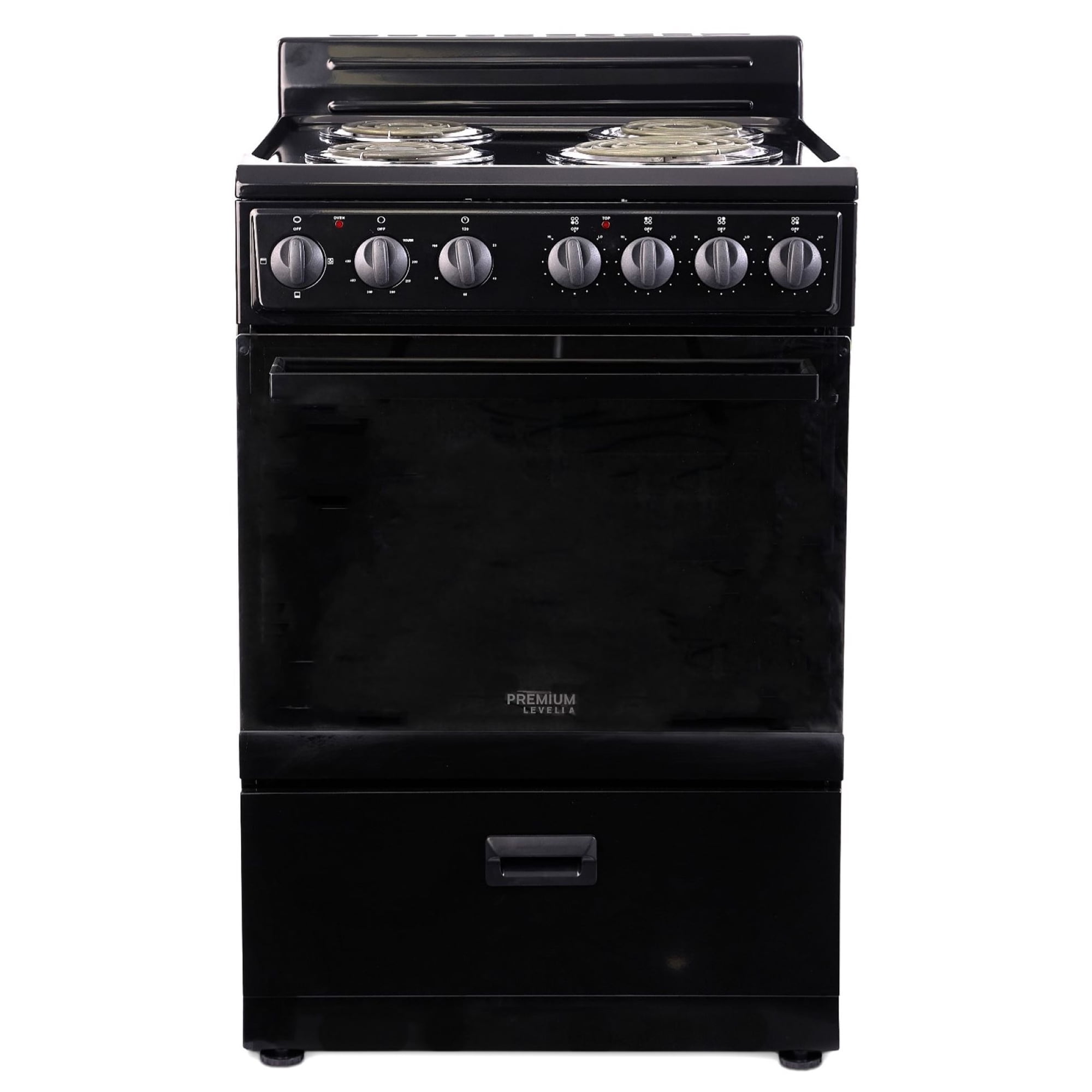 Premium Levella 24 in. 2.7 cu.ft. Single Oven Electric Range with 4 Burners and Storage Drawer in Black